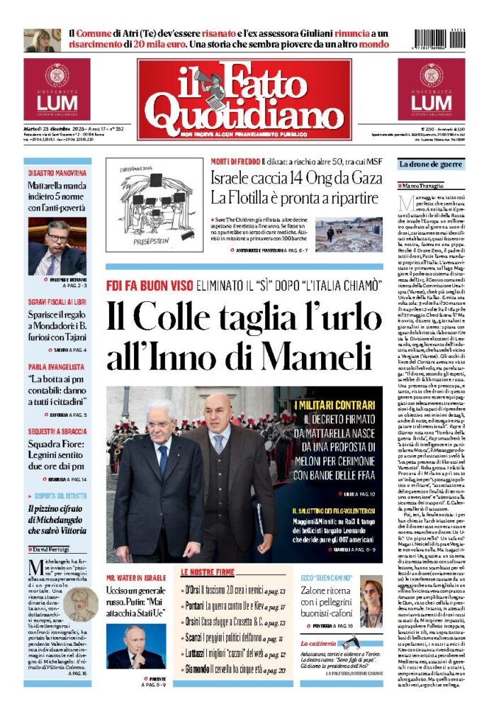 Copertina de Il Fatto Quotidiano di martedì 23 Dicembre 2025