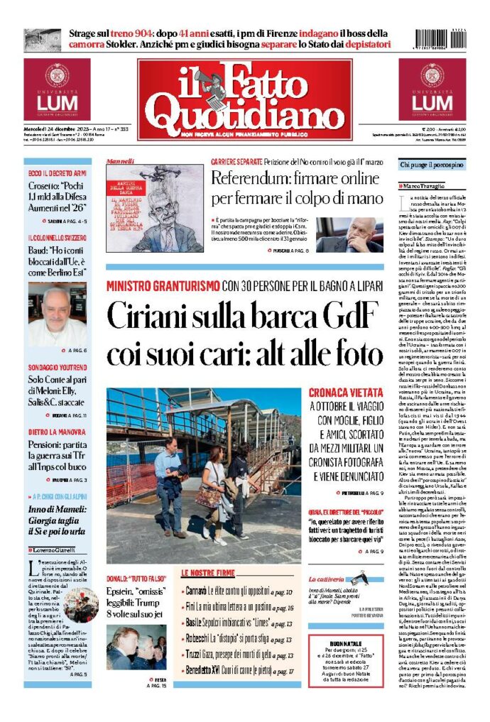 Copertina de Il Fatto Quotidiano di mercoledì 24 Dicembre 2025
