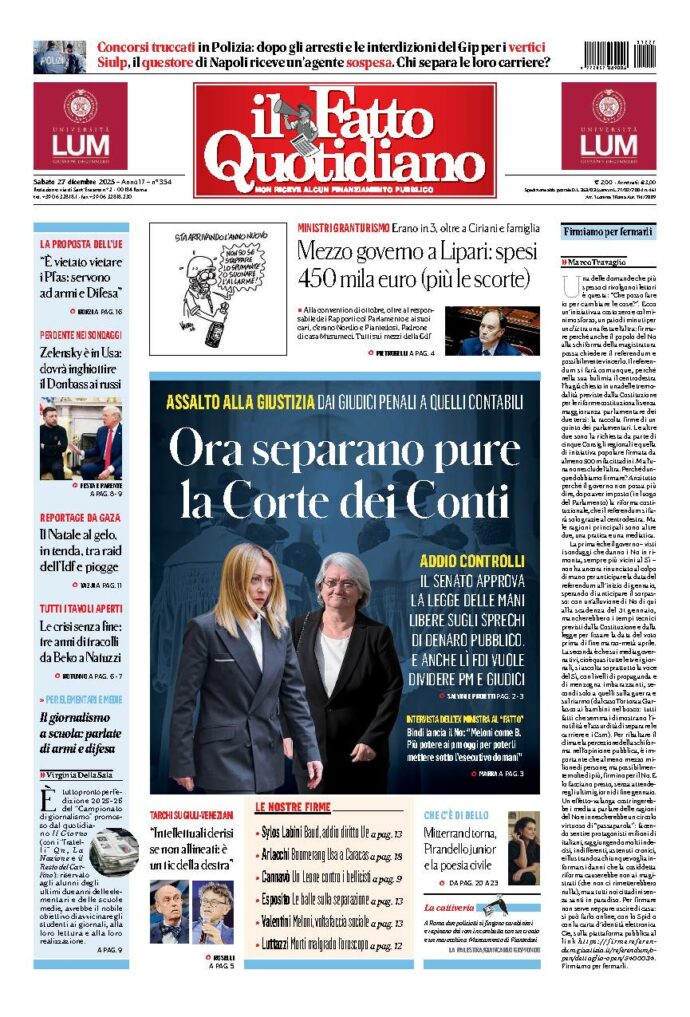 Copertina de Il Fatto Quotidiano di sabato 27 Dicembre 2025