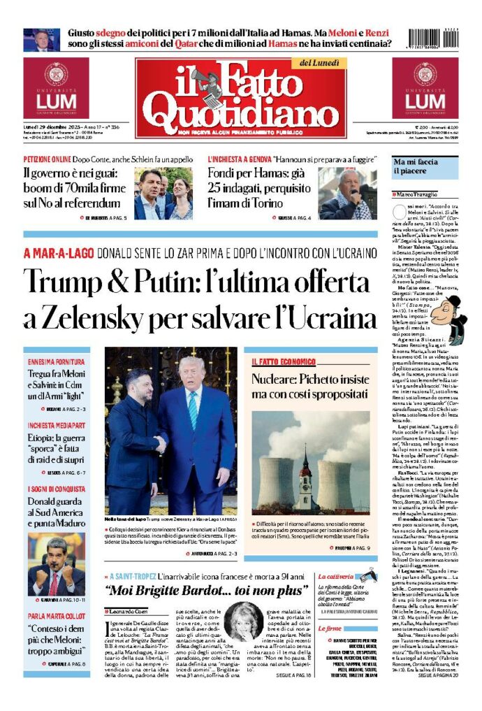 Copertina de Il Fatto Quotidiano di Lun 29 Dicembre 2025