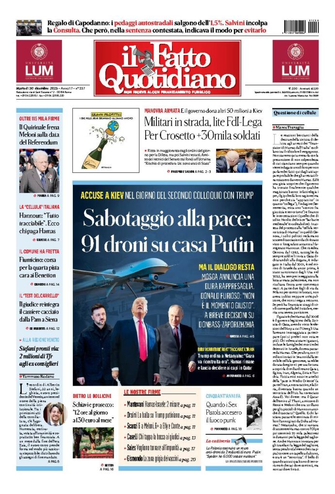 Copertina de Il Fatto Quotidiano di martedì 30 Dicembre 2025