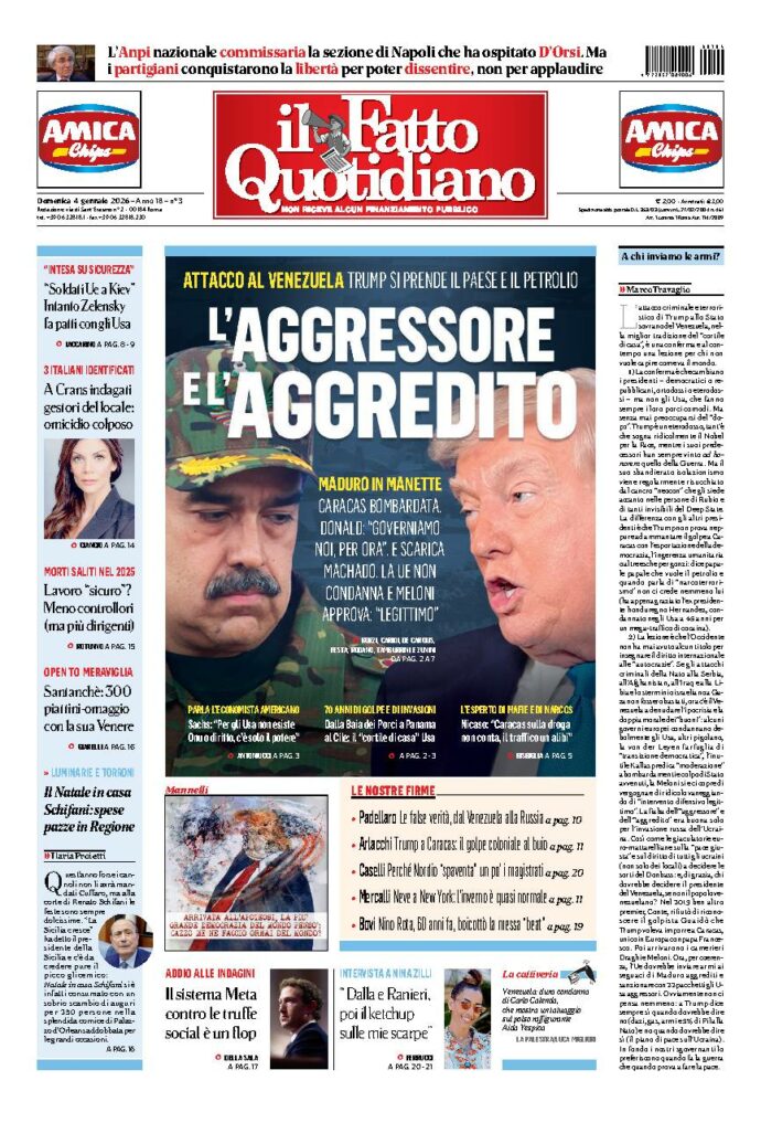 Copertina de Il Fatto Quotidiano di Dom 4 Gennaio 2026