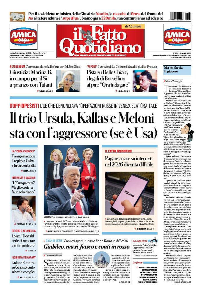 Copertina de Il Fatto Quotidiano di lunedì 5 Gennaio 2026
