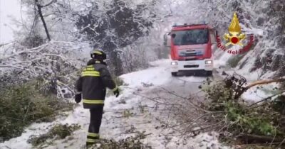 Copertina di Nevica sull’Appennino umbro-marchigiano, i vigili del fuoco intervengono per liberare la strada dagli alberi caduti
