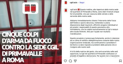 Copertina di Colpi di arma da fuoco contro la sede della Cgil di Primavalle a Roma: “Trovati cinque fori”