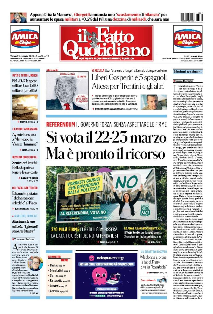 Copertina de Il Fatto Quotidiano di Ven 9 Gennaio 2026