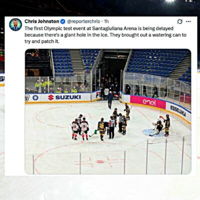 Copertina di Olimpiadi, c’è un buco nel ghiaccio: sospeso per diversi minuti il primo match di hockey all’Arena Santa Giulia