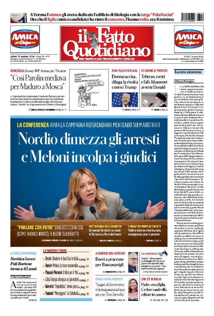 Copertina de Il Fatto Quotidiano di sabato 10 Gennaio 2026