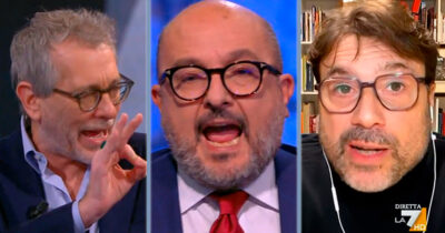 Copertina di Sangiuliano contro Montanari e Formigli: “Voi comunisti inneggiavate a Pol Pot”. Bagarre in studio