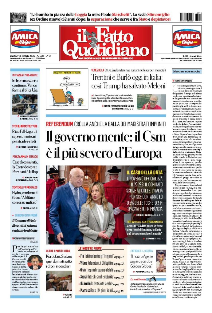 Copertina de Il Fatto Quotidiano di Mar 13 Gennaio 2026