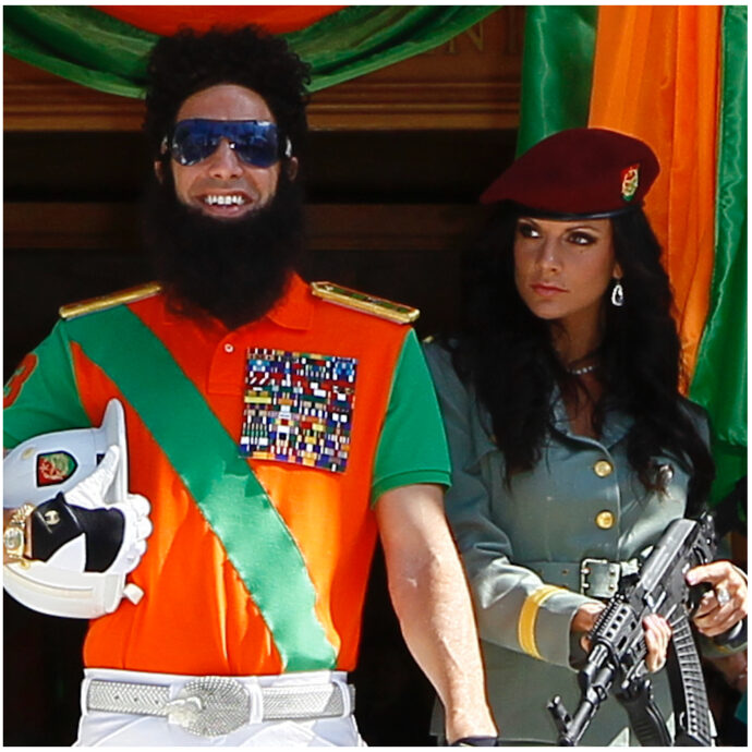 Da Crans-Montana al Festival del cinema di Cannes 2012: Jessica Moretti posa armata con Sacha Baron Cohen per la promozione del film “The Dictator”