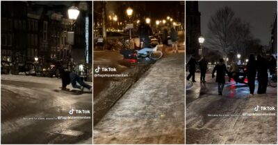 Copertina di Rimanere in piedi è impossibile, ad Amsterdam il ghiaccio fa scivolare pedoni, bici e macchine: scene surreali per strada – Video