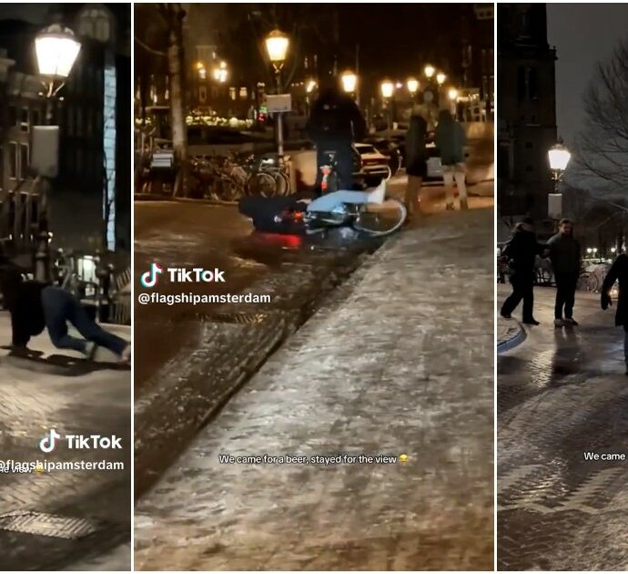 Rimanere in piedi è impossibile, ad Amsterdam il ghiaccio fa scivolare pedoni, bici e macchine: scene surreali per strada – Video