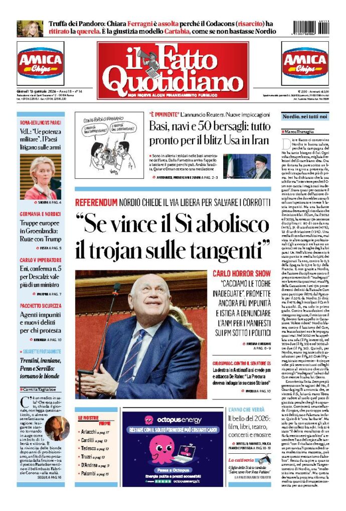 Copertina de Il Fatto Quotidiano di giovedì 15 Gennaio 2026