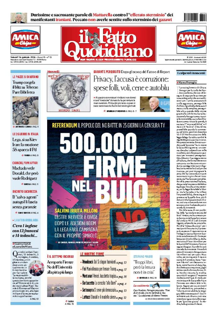 Copertina de Il Fatto Quotidiano di venerdì 16 Gennaio 2026