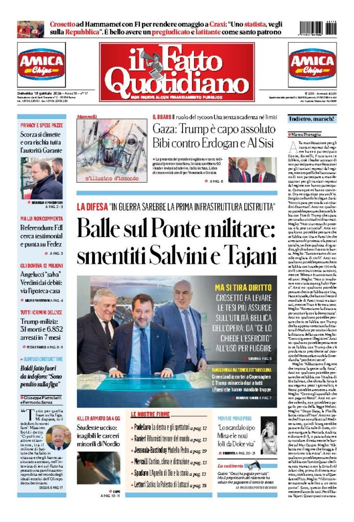 Copertina de Il Fatto Quotidiano di domenica 18 Gennaio 2026