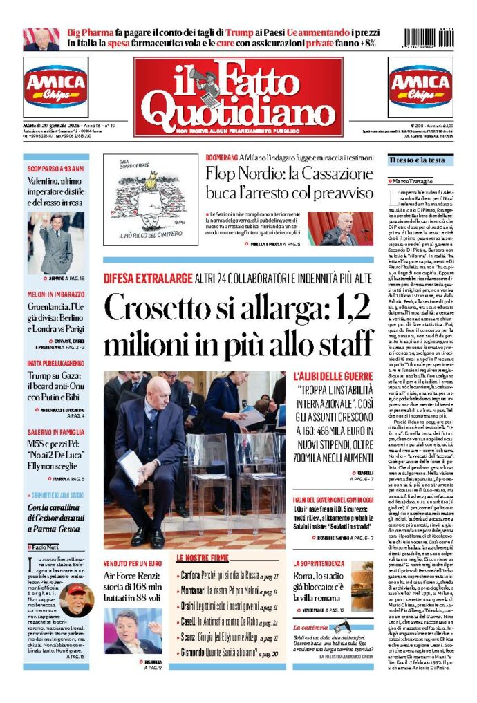Copertina de Il Fatto Quotidiano di martedì 20 Gennaio 2026