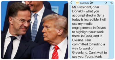 Copertina di Groenlandia, nuovo record di piaggeria di Rutte: “Caro Donald, non vedo l’ora di vederti. Tuo, Mark”. E Trump pubblica il messaggio