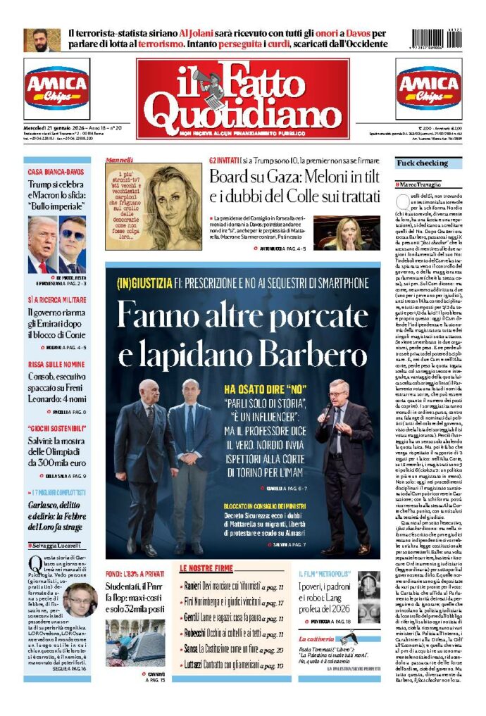 Copertina de Il Fatto Quotidiano di mercoledì 21 Gennaio 2026