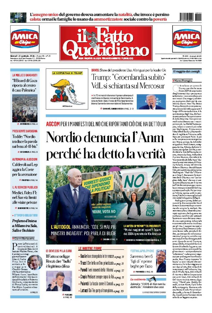Copertina de Il Fatto Quotidiano di giovedì 22 Gennaio 2026