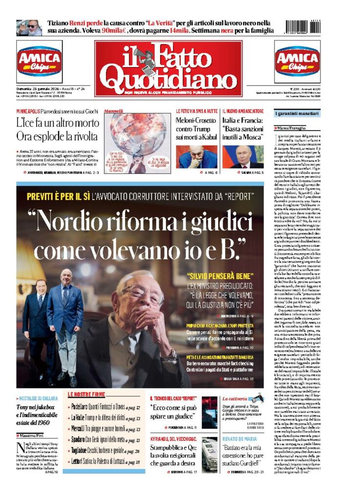 Copertina de Il Fatto Quotidiano di Dom 25 Gennaio 2026