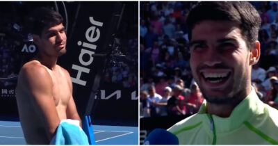Copertina di “Se la gente è contenta, lo sono pure io”: Carlos Alcaraz fa il “piacione” e mostra il fisico a bordo campo. I fan impazziscono e urlano – IL VIDEO