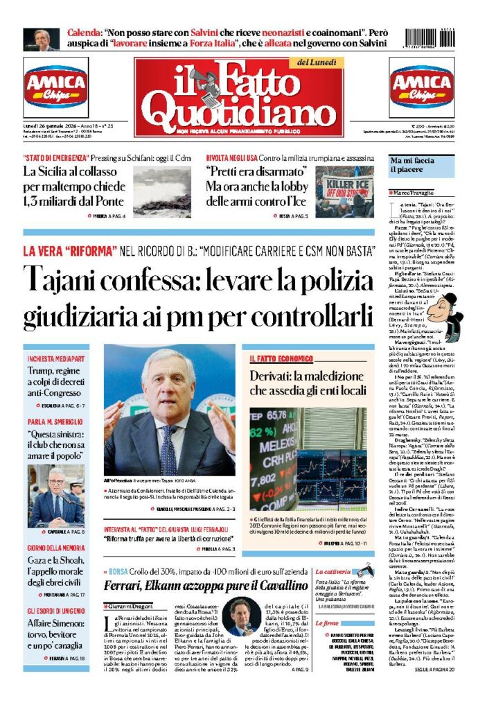 Copertina de Il Fatto Quotidiano di Lun 26 Gennaio 2026