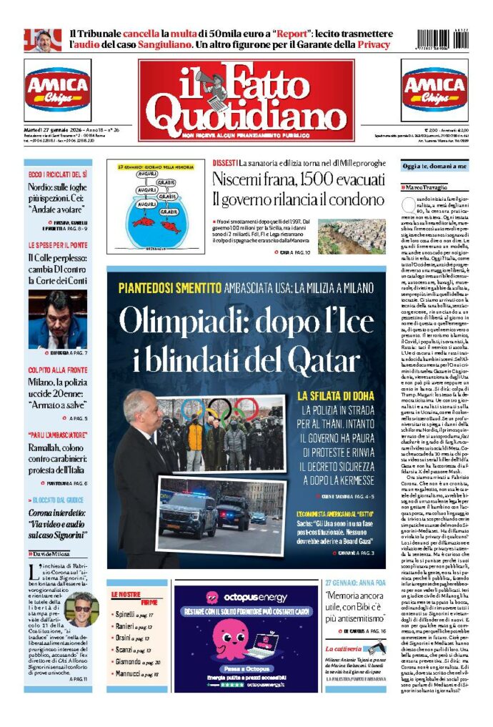 Copertina de Il Fatto Quotidiano di martedì 27 Gennaio 2026