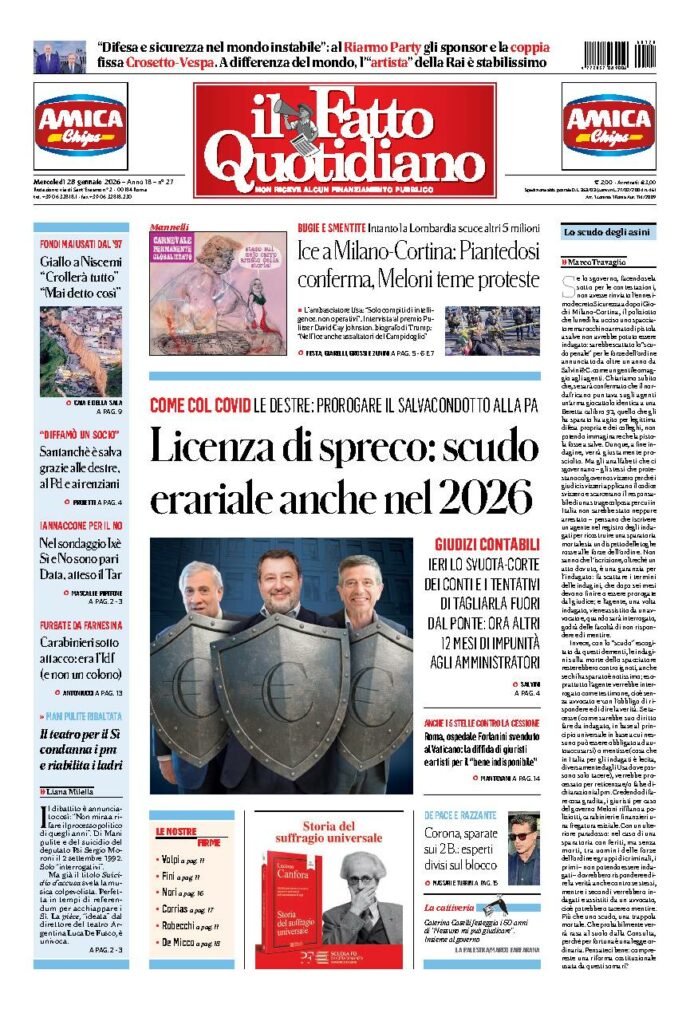 Copertina de Il Fatto Quotidiano di mercoledì 28 Gennaio 2026