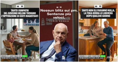 Copertina di “Vota Sì per una giustizia più efficace e veloce”: lo slogan-bufala di FdI per il referendum (smentito anche da Nordio)