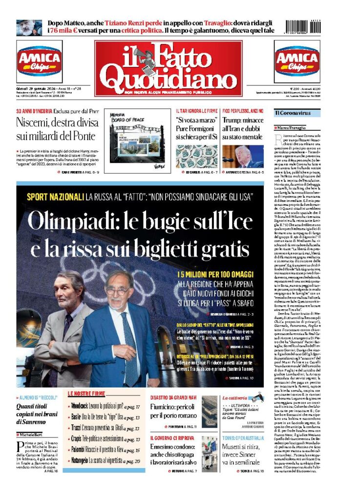 Copertina de Il Fatto Quotidiano di giovedì 29 Gennaio 2026