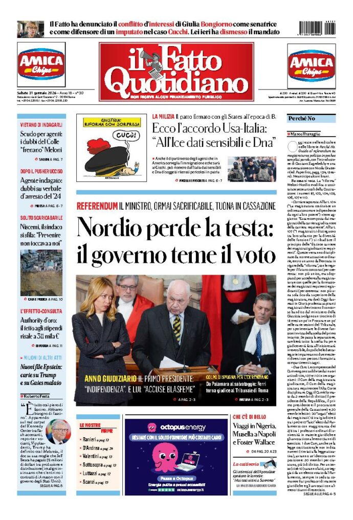Copertina de Il Fatto Quotidiano di Sab 31 Gennaio 2026