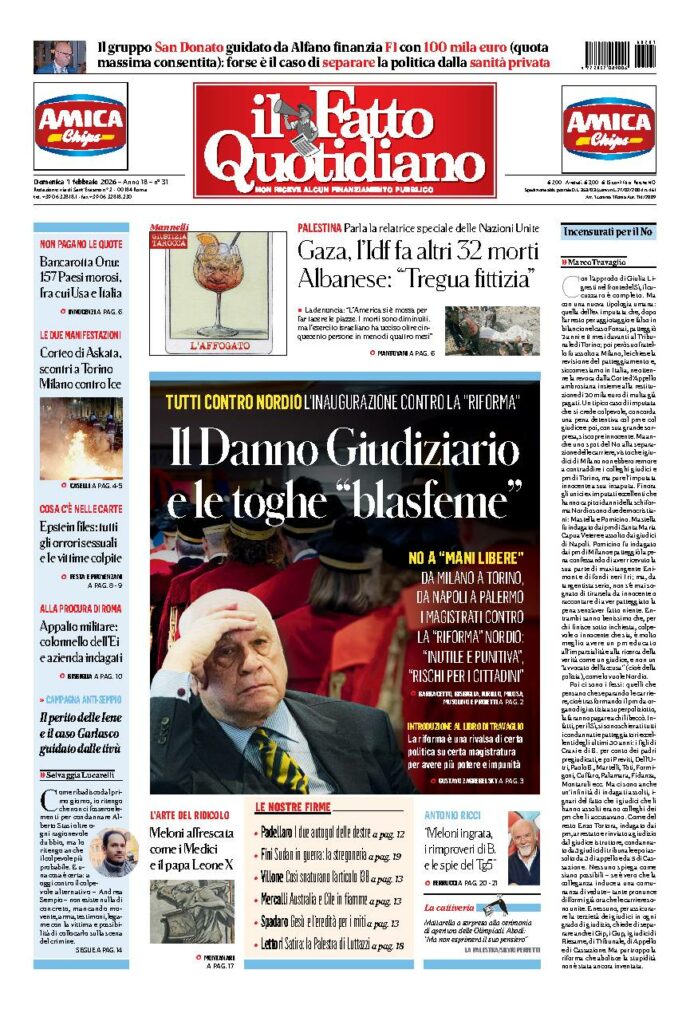 Copertina de Il Fatto Quotidiano di domenica 1 Febbraio 2026