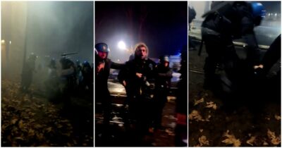 Copertina di Uomo preso a manganellate da più agenti durante gli scontri a Torino: “Sono un fotografo”. Ma i poliziotti continuano a colpirlo