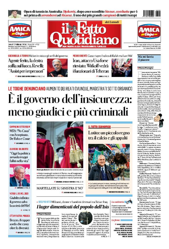 Copertina de Il Fatto Quotidiano di Lun 2 Febbraio 2026