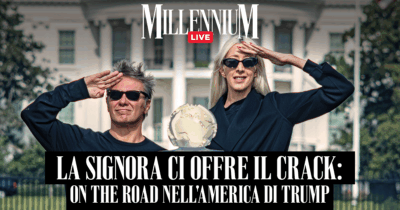 Copertina di La signora ci offre il crack: on the road nell’America di Trump. Millennium Live con Arianna Bonucci e Max Papeschi