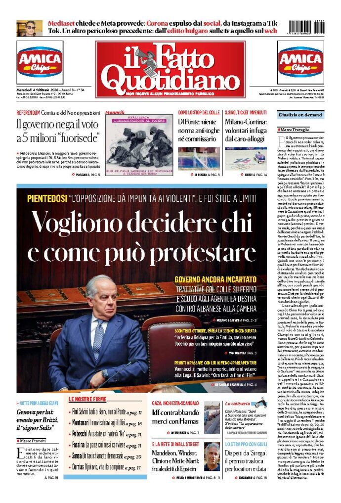 Copertina de Il Fatto Quotidiano di mercoledì 4 Febbraio 2026