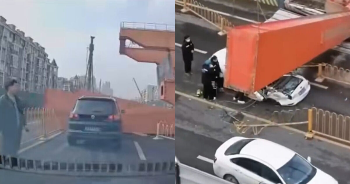 La gru del cantiere cede e precipita addosso alle auto in transito: le immagini riprese dalle dashcam delle macchine