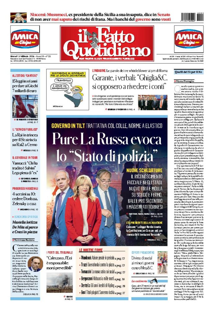 Copertina de Il Fatto Quotidiano di Gio 5 Febbraio 2026