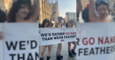 Copertina di “Meglio nudi che indossare piume”: la protesta di attiviste e attivisti Peta prima dell’inizio delle Olimpiadi – Video
