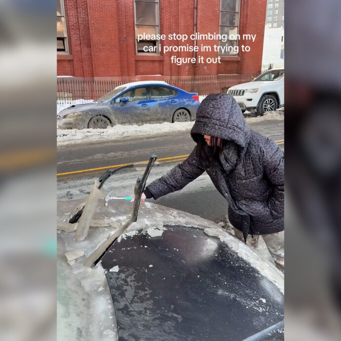 L’auto è ricoperta di ghiaccio: la proprietaria disperata prova a liberarla a colpi di martello – Video