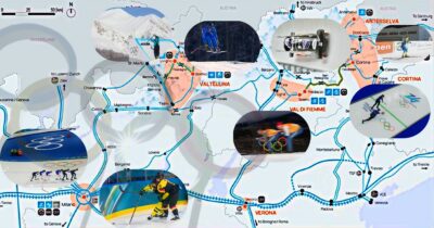 Copertina di Distanze di oltre 400 km, lavori incompiuti, tempi di percorrenza fino a 20 ore con i mezzi pubblici: la logistica delle “Olimpiadi diffuse” Milano-Cortina | Mappa