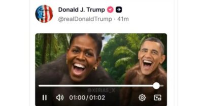 Copertina di Barack e Michelle Obama come scimmie: il post di Trump con l’AI. Casa Bianca: “Basta con la finta indignazione”. Poi lo cancella