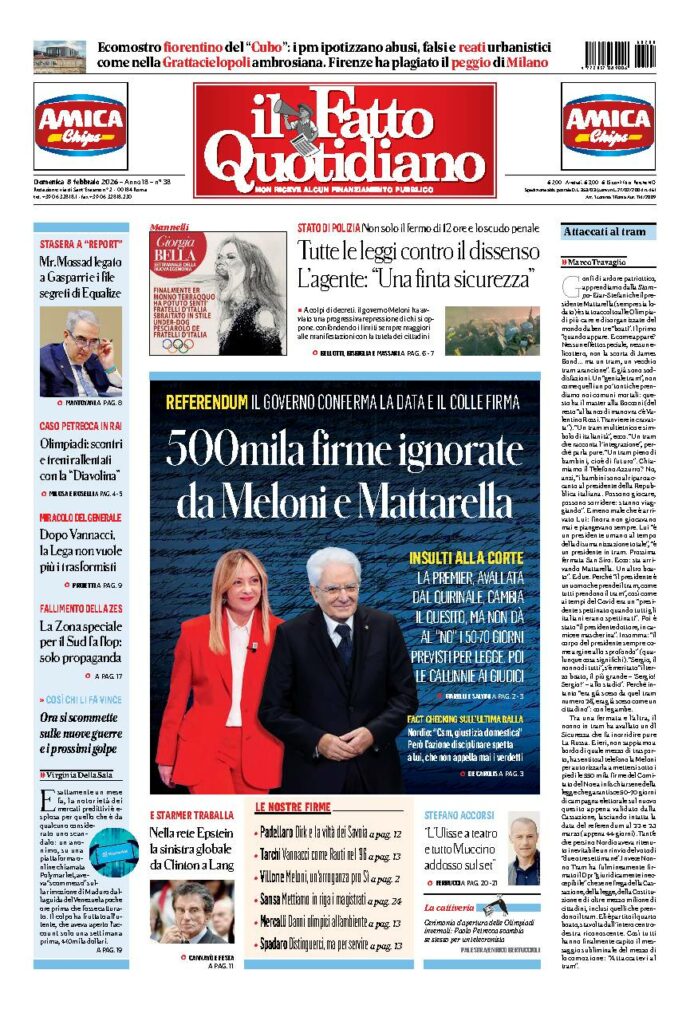 Copertina de Il Fatto Quotidiano di Dom 8 Febbraio 2026