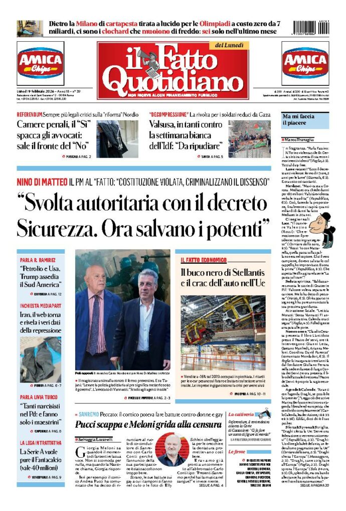 Copertina de Il Fatto Quotidiano di Lun 9 Febbraio 2026