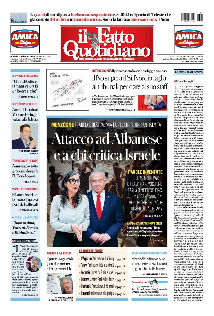 Copertina de Il Fatto Quotidiano di giovedì 12 Febbraio 2026