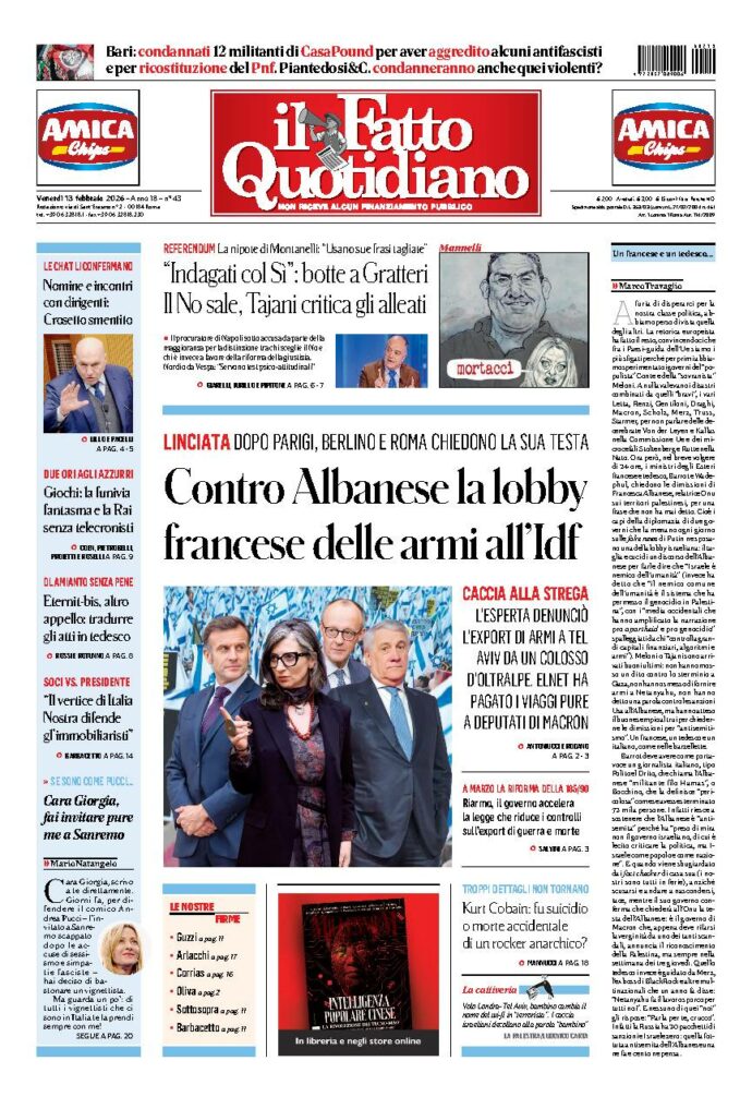 Copertina de Il Fatto Quotidiano di venerdì 13 Febbraio 2026