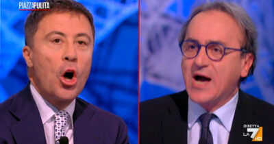 Copertina di Lite Bocchino-Bonelli. “Sciacquati la bocca quando parli di Msi”. “Non fare squadrismo verbale con me”. Su La7