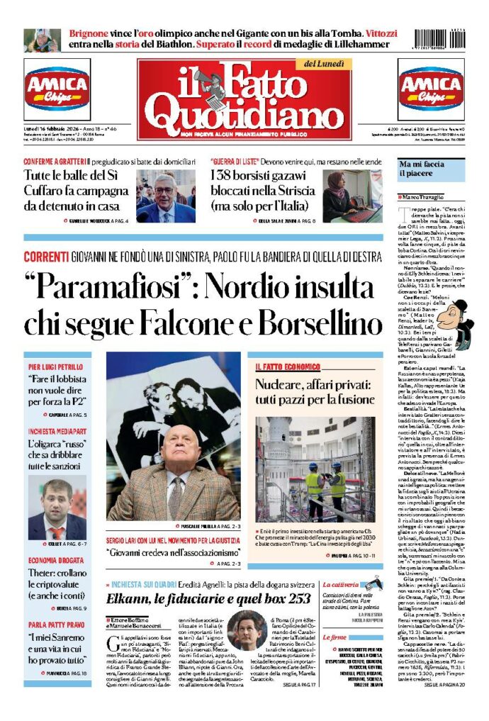 Copertina de Il Fatto Quotidiano di lunedì 16 Febbraio 2026