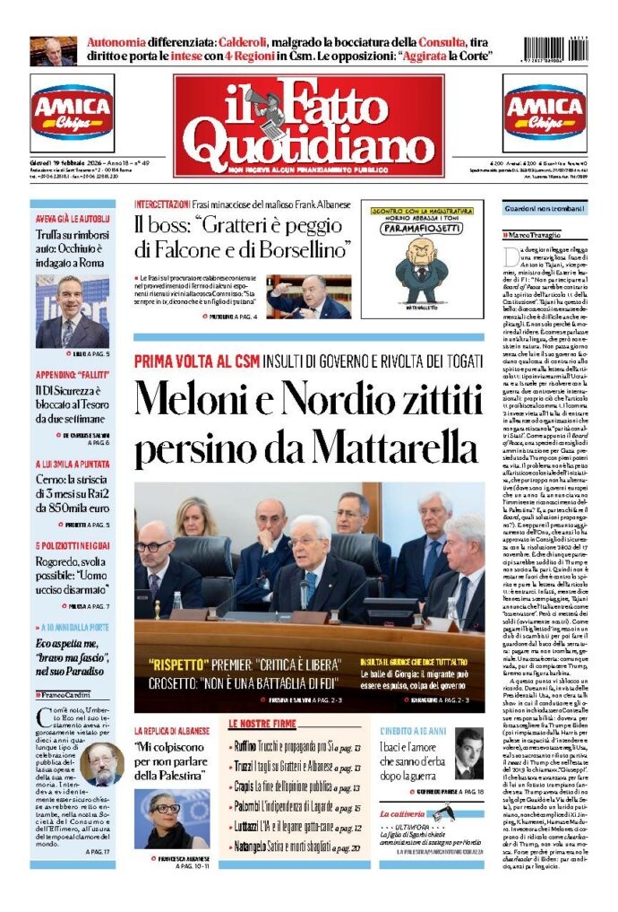 Copertina de Il Fatto Quotidiano di giovedì 19 Febbraio 2026